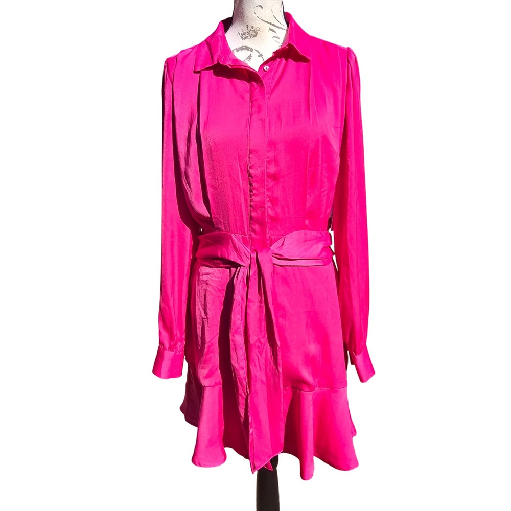 GUESS NWT Hope Dress Shocking Pink Satin Logo Print Belted Ruffle Shirt Dress M - Picture 2 of 14